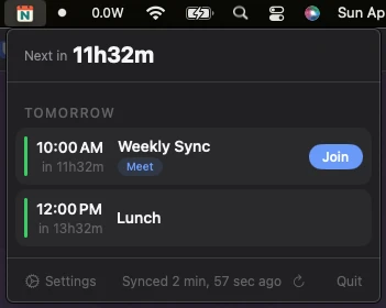 NeverMiss menu bar popover showing upcoming meetings